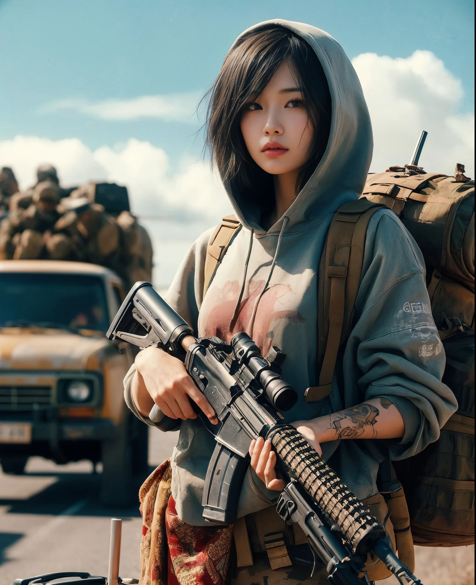 8K,realistic photo、realistic skin texture、A beautiful Japanese woman carrying a lot of luggage I'm in front of a really small old station wagon.、The wagon has signs of repair.、Dirty and tornTshirt、 hoodie、Afghan Stole、camouflage pants、Dirty Converse sneakers、In his hand he holds a large anti-vehicle rifle、Dynamic action pose、dramatic composition、tattoo、one person、run away、Wilderness Road、sunny