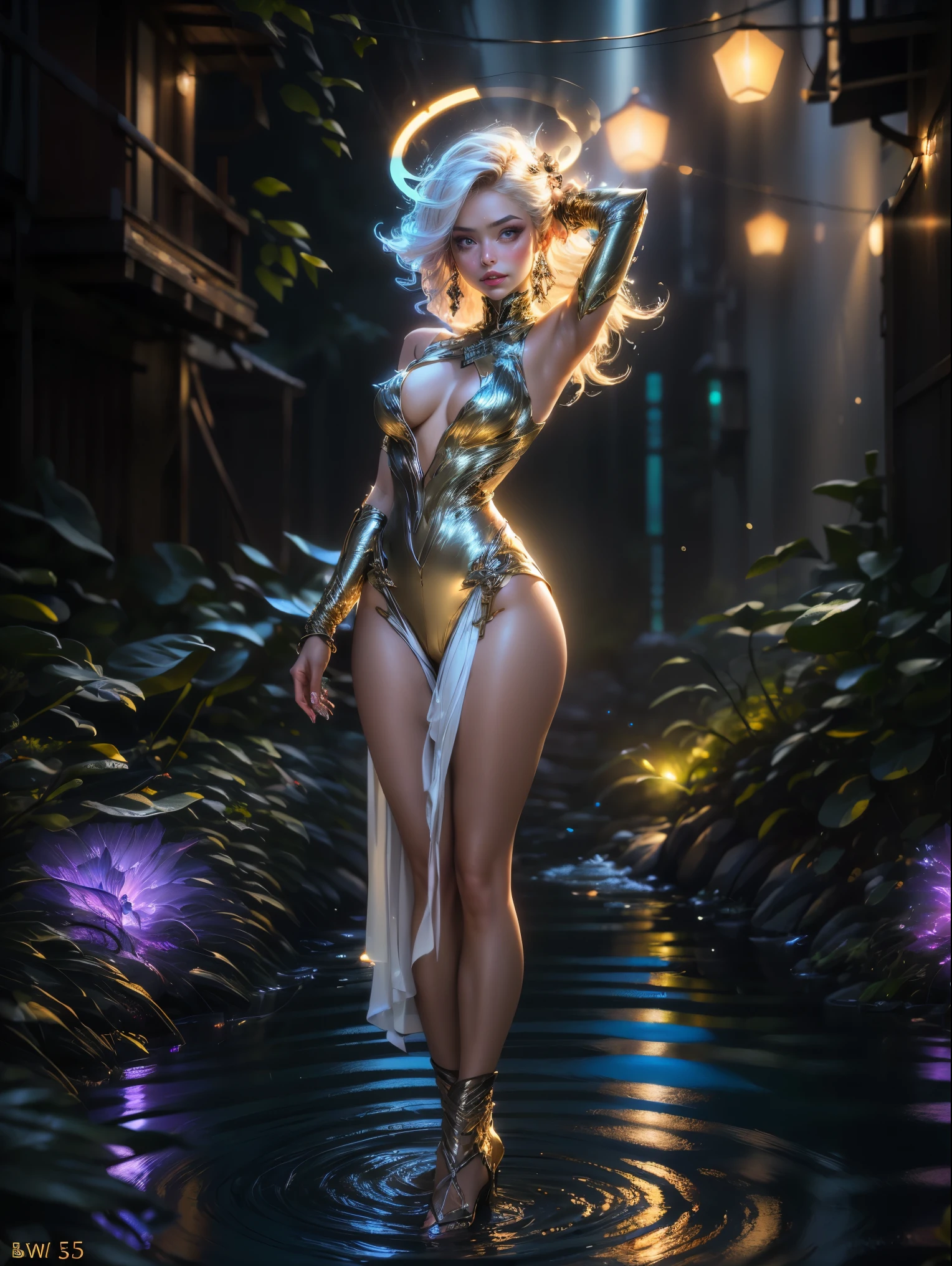 3d, isometric illustration , (cinematic lighting:1.3), (ethereal lighting:1.3), beautiful ai girl wearing exquisite flowing sequin garment, swirling, swirling light rays around, her wrist , glowing particles, swirling colourful halo in her wrist, big breasts, beautiful, full body, ultra realistic, Canon EOS 5D Mark IV DSLR, f/ 8, ISO 100, 1/ 250 second,