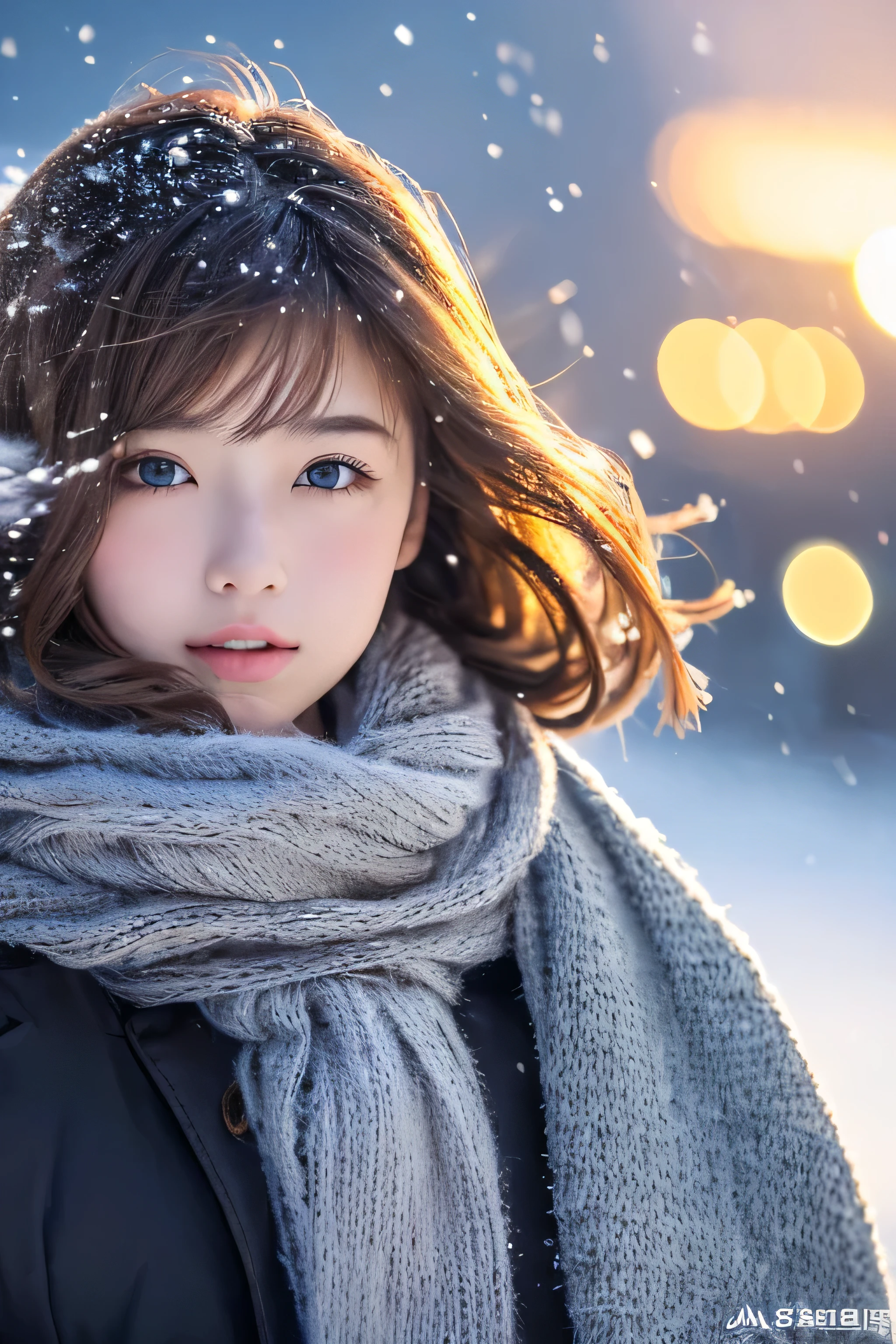 ((hair blowing in the wind、No makeup:1.2))、(realistic、Photoreal、super detailed、best detailed skins、highest quality、masterpiece、超A high resolution)、cute russian woman、、high school girl、young girl、1 girl、have bangs、ash blonde:1.7、double eyelid、drooling eyes、Japanese style face、purity、realistic skin type、thick muffler、Gray muffler、fluffy hair、((There's hair in the scarf:1.3))、red cheeks、The wind is blowing、It's snowing、night、illumination、lighting from behind、hair blowing in the wind