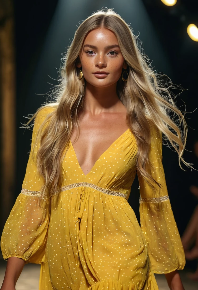 Supermodel, Brazilian, tanned, brown eyes, full body shot, long dark blonde hair, walking on a catwalk , beautiful , natural beauty, model, 4K, realistic, natural, textured skin, freckles on nose, stage lighting, long yellow bohemian dress,