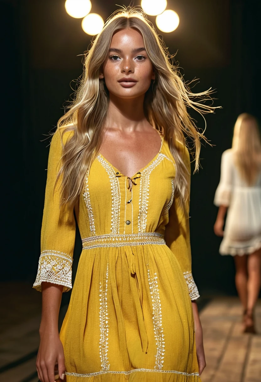 Supermodel, Brazilian, tanned, brown eyes, full body shot, long dark blonde hair, walking on a catwalk , beautiful , natural beauty, model, 4K, realistic, natural, textured skin, freckles on nose, stage lighting, long yellow bohemian dress,