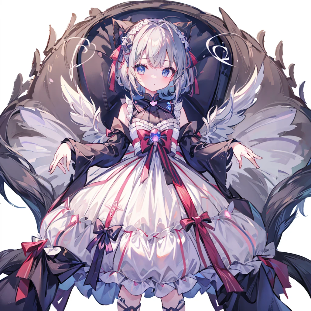 vtuber-fullbody、Star Fairy、((masterpiece))、((highest quality))、((Super fine))、pretty girl、gray hair、beautiful blue eyes、Kimono Goth 、ribbon、Angel's wing、🤍、((simple white background))、☆、