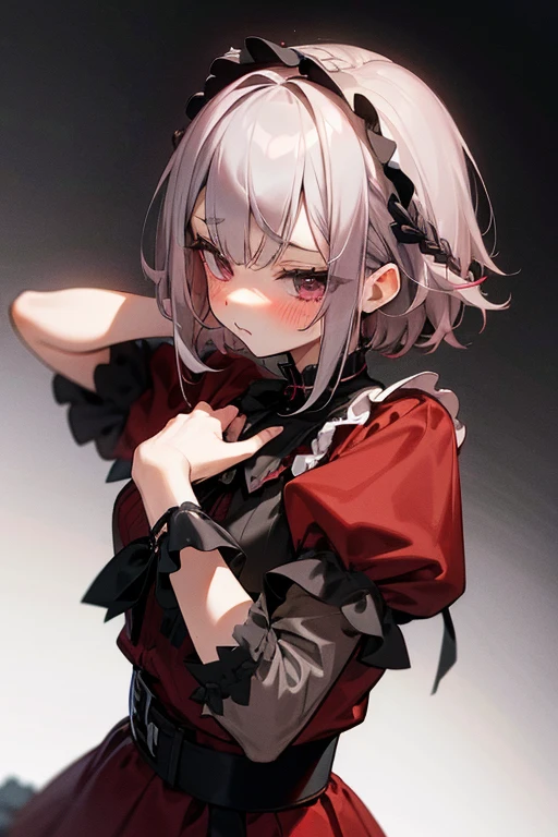 short gray hair, blush, Gothic Lolita、punk fashion、Headbang 2.、Red clothes、Braid、