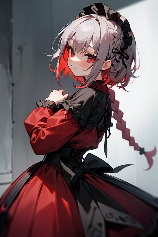 short gray hair, blush, Gothic Lolita、punk fashion、Headbang 2.、Red clothes、Braid、