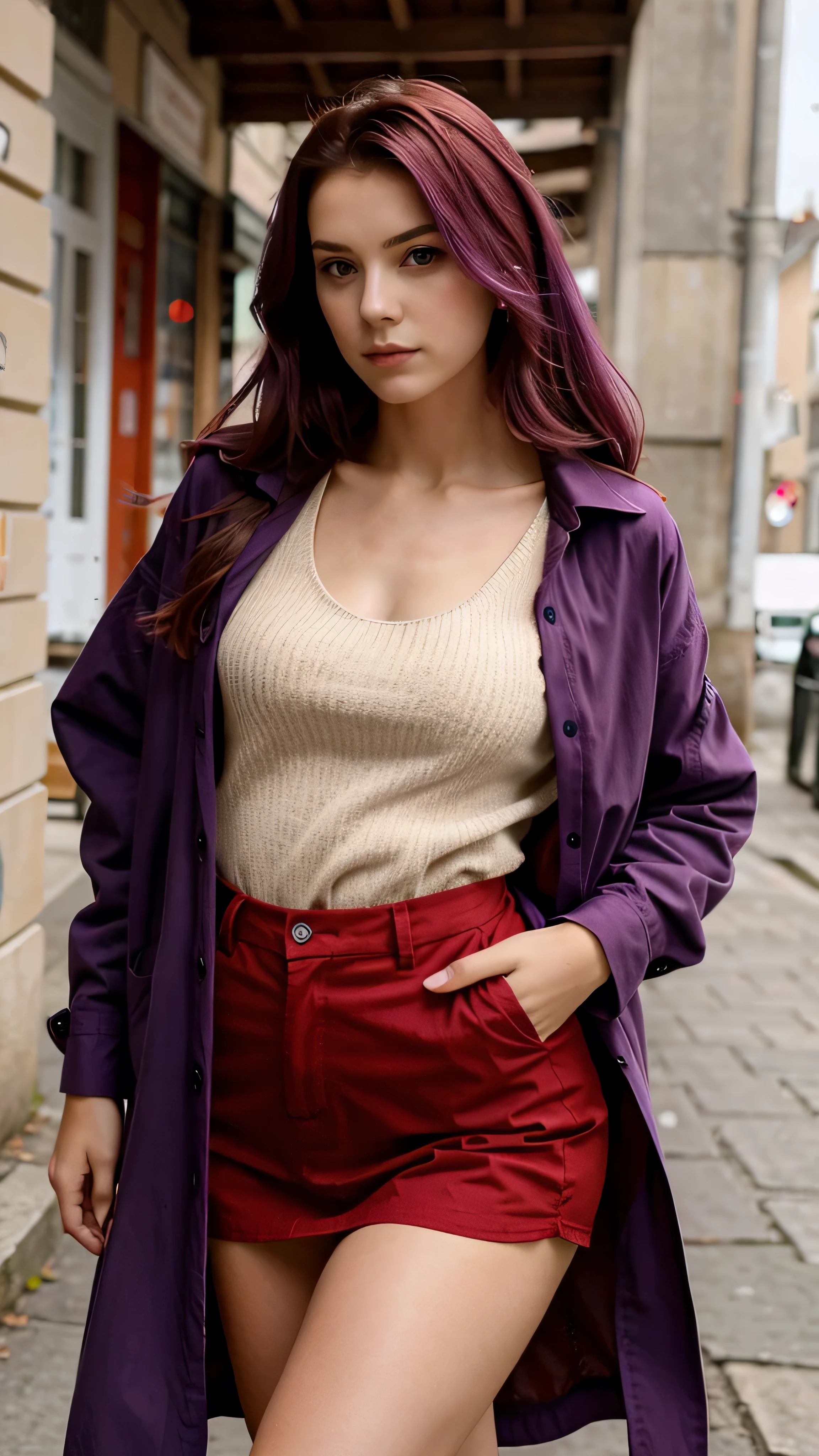 jeune fille de 20 ans au cheveux tres long violet avec une veste ROUGE, habiller en ROUGE, vetue de ROUGE, OUTFIT RED, une tenue rouge