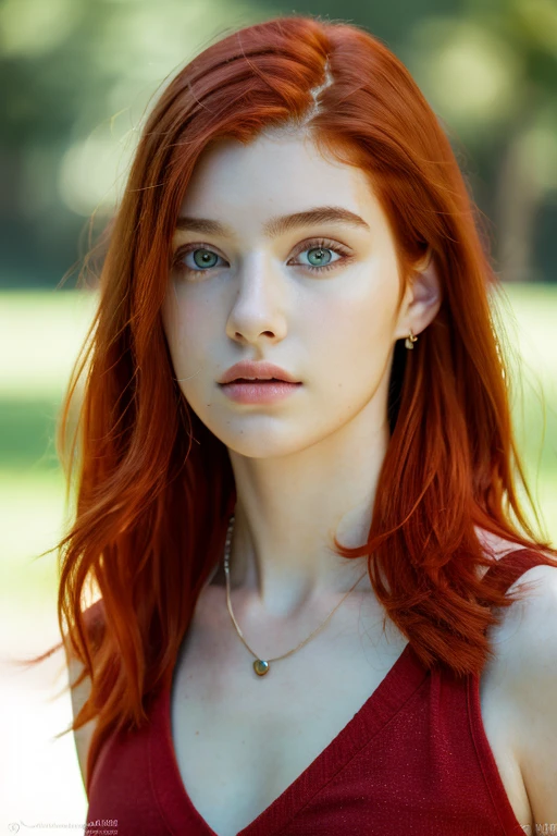 ( masterpiece, top quality, best quality,8k,17 years old girl,ultra detailed,raw photo:1.5),(photorealistic:1.4), (red hair:1.5), (cinematic lighting), PerfectNwsjMajic, , Surrealism, UHD, ccurate, Super detail, textured skin, High detail, Best quality, dynamic angle, (high nose,White skin),[Beautiful blue eyes],[flat chest:large breasts:0.5],(1girl),(good anatomy:0.5)),(outside:1.5), Necklaces,