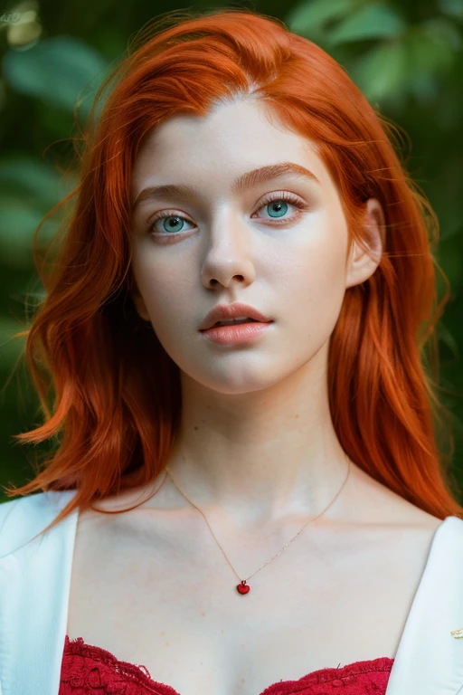 ( masterpiece, top quality, best quality,8k,17 years old girl,ultra detailed,raw photo:1.5),(photorealistic:1.4), (red hair:1.5), (cinematic lighting), PerfectNwsjMajic, , Surrealism, UHD, ccurate, Super detail, textured skin, High detail, Best quality, dynamic angle, (high nose,White skin),[Beautiful blue eyes],[flat chest:large breasts:0.5],(1girl),(good anatomy:0.5)),(outside:1.5), Necklaces,