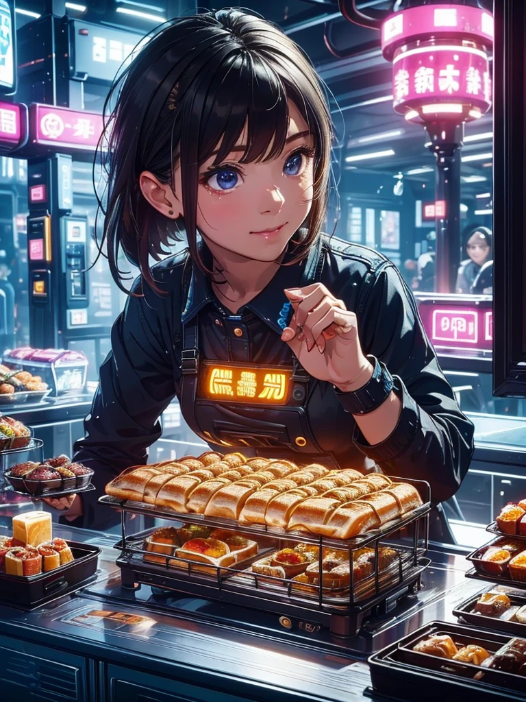A girl selling breakfast, future, fast food stall, 製作Sandwiches, LED light, Colored LEDs, Sandwiches, drinks, Menus, Breakfast 5 euros, cute girl, ((extremely detailed face)),