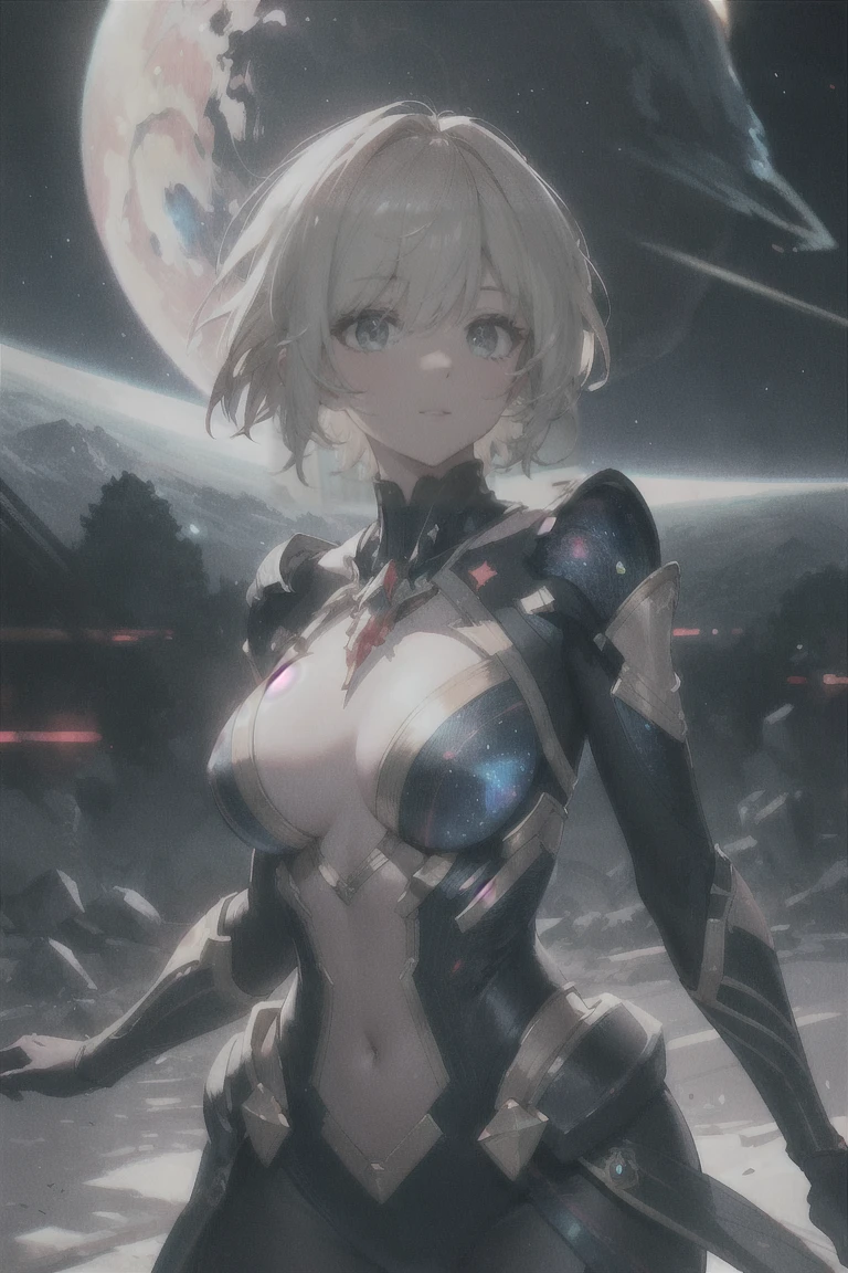 Highly detailed RAW color photos, beautiful young woman, short blonde hair, dynamic pose, (wide hips), (fine skin), (lip details), (fine eyes), (cosmic: 1.4), (Necropolis: 1.1), (Science fiction setting) (detailed face), (crooked), Red clothes, fine eyes, chromatic aberration, Depth of the bounds written, soft lighting, masterpiece, highest quality, Complex, (lens reflection: 0.7), (flowering: 0.7), particle effects, ray tracing, tone mapping, very detailed, concept art, Smooth, sharp focus, dramatic lighting, very detailed art, cinematic, hyper-realistic painting, Trending with ArtStation, 8K, wonderful shadow, realistic, (very detailed background: 1.2), Art on the road