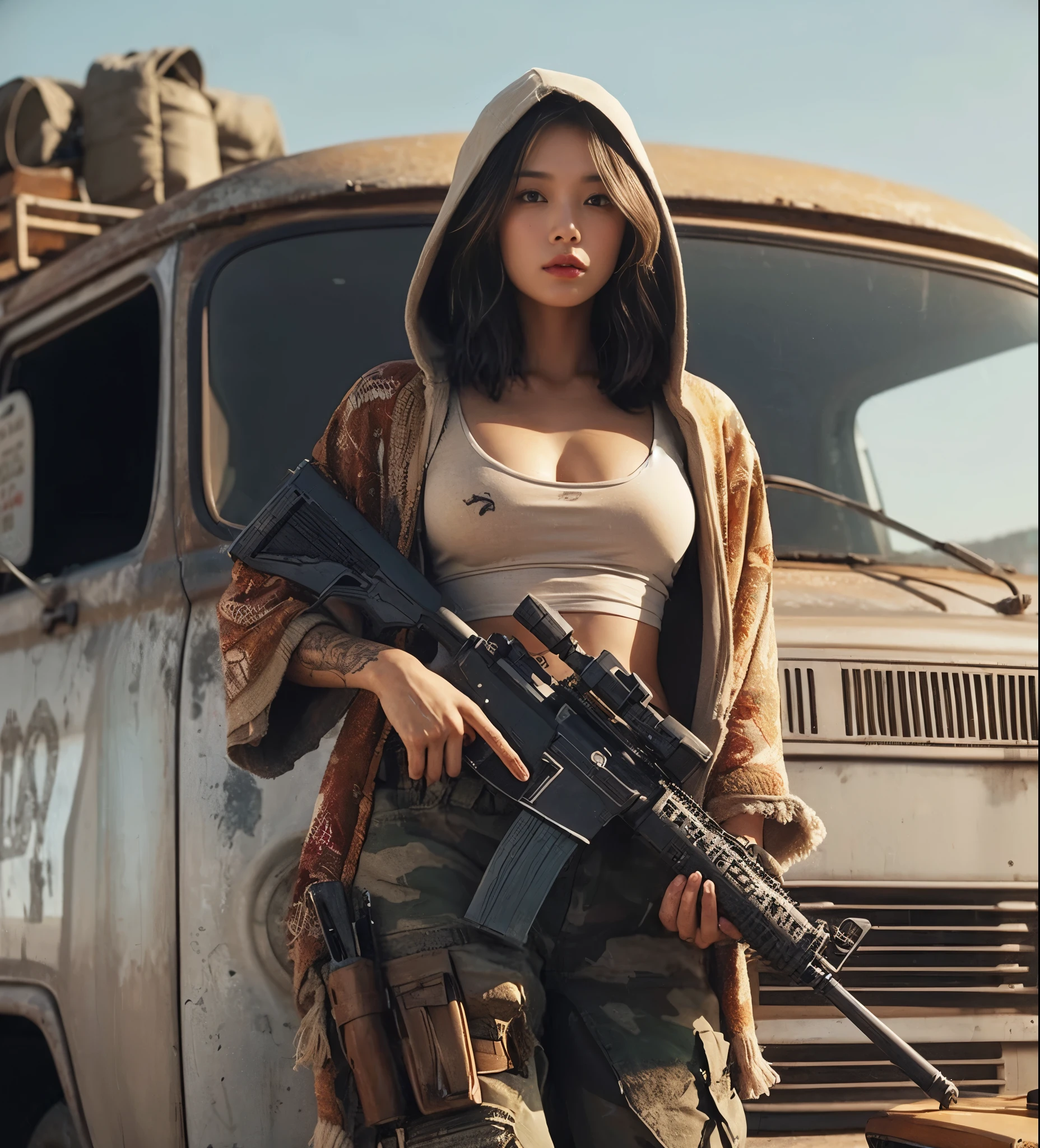 8K,realistic photo、realistic skin texture、A beautiful Japanese woman carrying a lot of luggage I'm in front of a really small old station wagon.、The wagon has signs of repair.、Dirty and tornTshirt、 hoodie、Afghan Stole、camouflage pants、Dirty Converse sneakers、In his hand he holds a large anti-vehicle rifle、Dynamic action pose、dramatic composition、tattoo、one person、run away、Wilderness Road、sunny