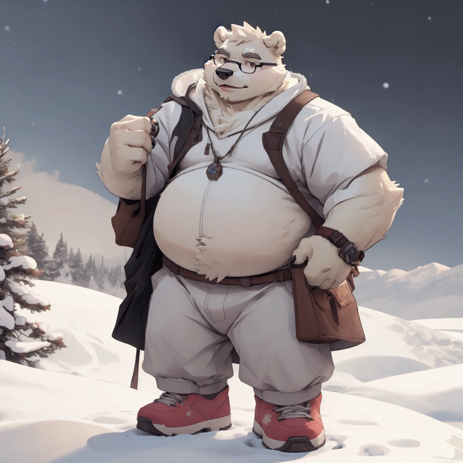 by personalami, by meesh, by kenket, by taran fiddler, photorealistic, hyperrealistic, ultradetailed, ((Polar bear)), anthro, Dilf, Daddy, father figure, mature male, hunk, burly, chubby, solo, very detailed, ((very detailed fur texture)), ((very detailed lighting)), ((very well drawn legs)), ((very well drawn arms)), ((very detailed legs)), ((very detailed arms)), ((very detailed paws)), ((very detailed tail)), ((very detailed background, frozen forest)), ((very detailed penis)), ((very detailed balls)), ((large balls)), ((very well drawn body)), ((chest fur tuft)), ((very detailed snout)), ((massive body)), ((body takes up most of the image)), ((very detailed clothing)), ((red long coat)), ((red santa hat)), ((red jockstrap)), ((large bulge)), ((very detailed bulge))