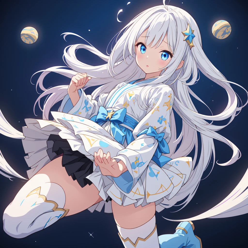 sitting on the crescent moon、A spaceship with a cute rabbit face、Star Fairy、(((1girl)))、lower body shot、Focus on boots、vtuber-halfbody、Star Fairy、「A beautifully printed galaxy patterned kimono and gothic ta outfit.、Space pattern box pleated mini skirt with ruffles、front portrait、Knee-high boots、enchanting eyes、Perfect and stunning face、exquisite details、clear image、highest quality。」Milky white and blue gradient straight long hair、