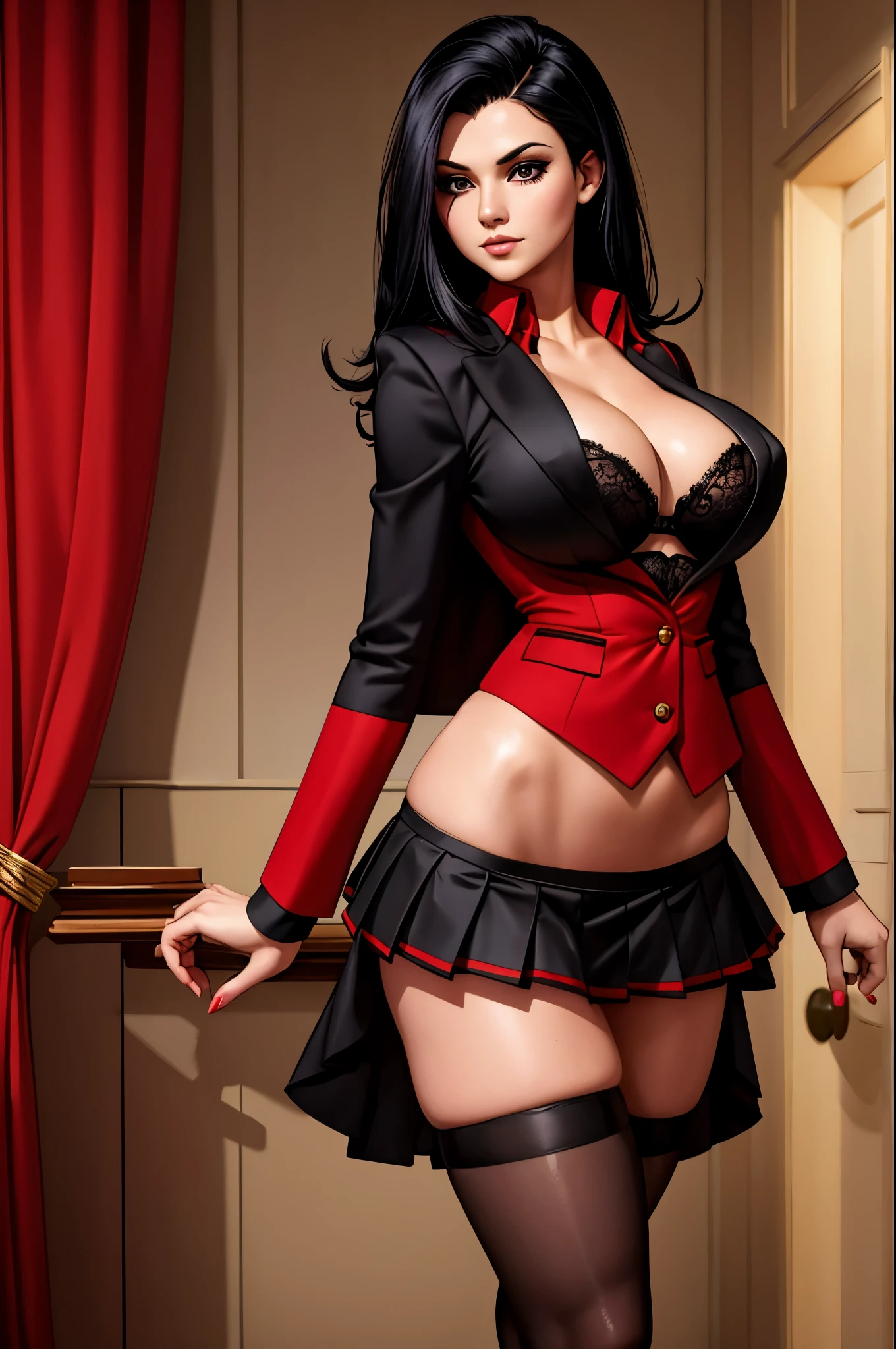 black Brassiere, red skirt, red blazer, no shirt, raven black hair, black stockings