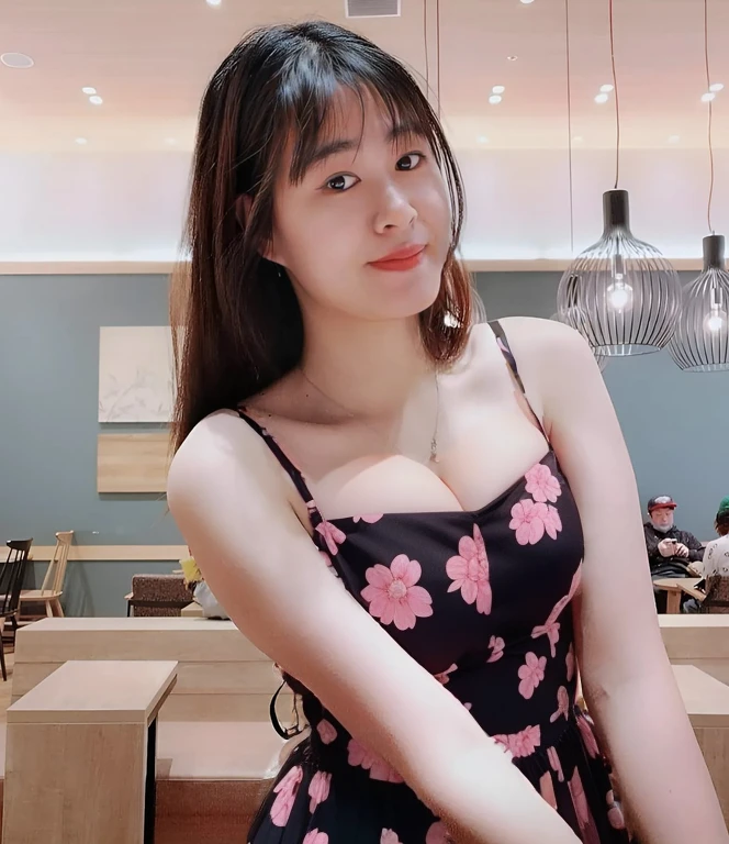 pink dress with beautiful patterns, big breasts, big breasts