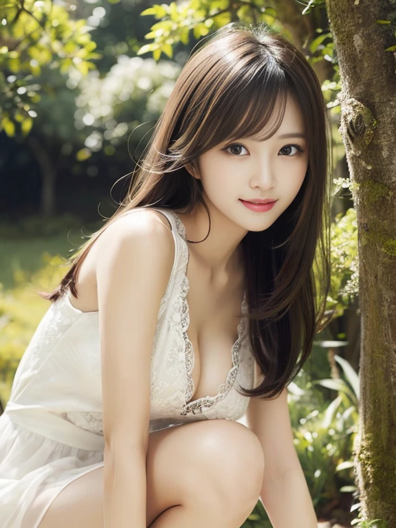 masterpiece、highest quality、High resolution、brook in the forest、wallpaper、realistic、bright lighting、professional lighting、face light、smooth lighting、20Japan Female、adult、beautiful japanese woman、gravure、sexy、super beautiful、beautiful skin、beautiful and detailed eyes、kind face、medium long hair、hair fluttering in the wind、brunette colored hair、look at the camera、slightly bigger breasts、Sheer lace slip、Beautiful legs extending from a slip、standing pose、Shows below the knee、Camera lens 200mm aperture F2.Shot at 8、smile