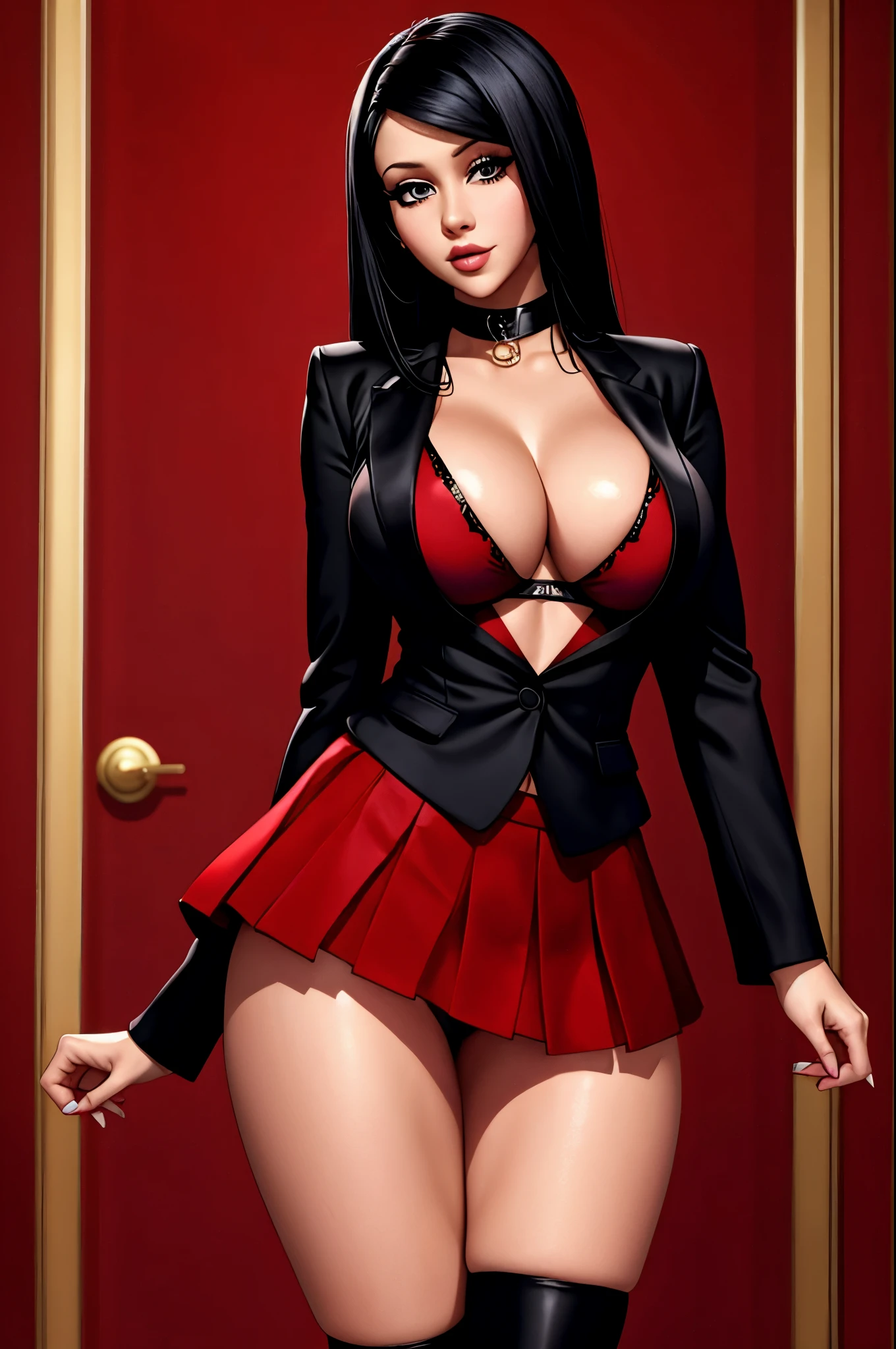 Christina Aguilera, black Brassiere, red skirt, red blazer, no shirt, raven black hair, black stockings