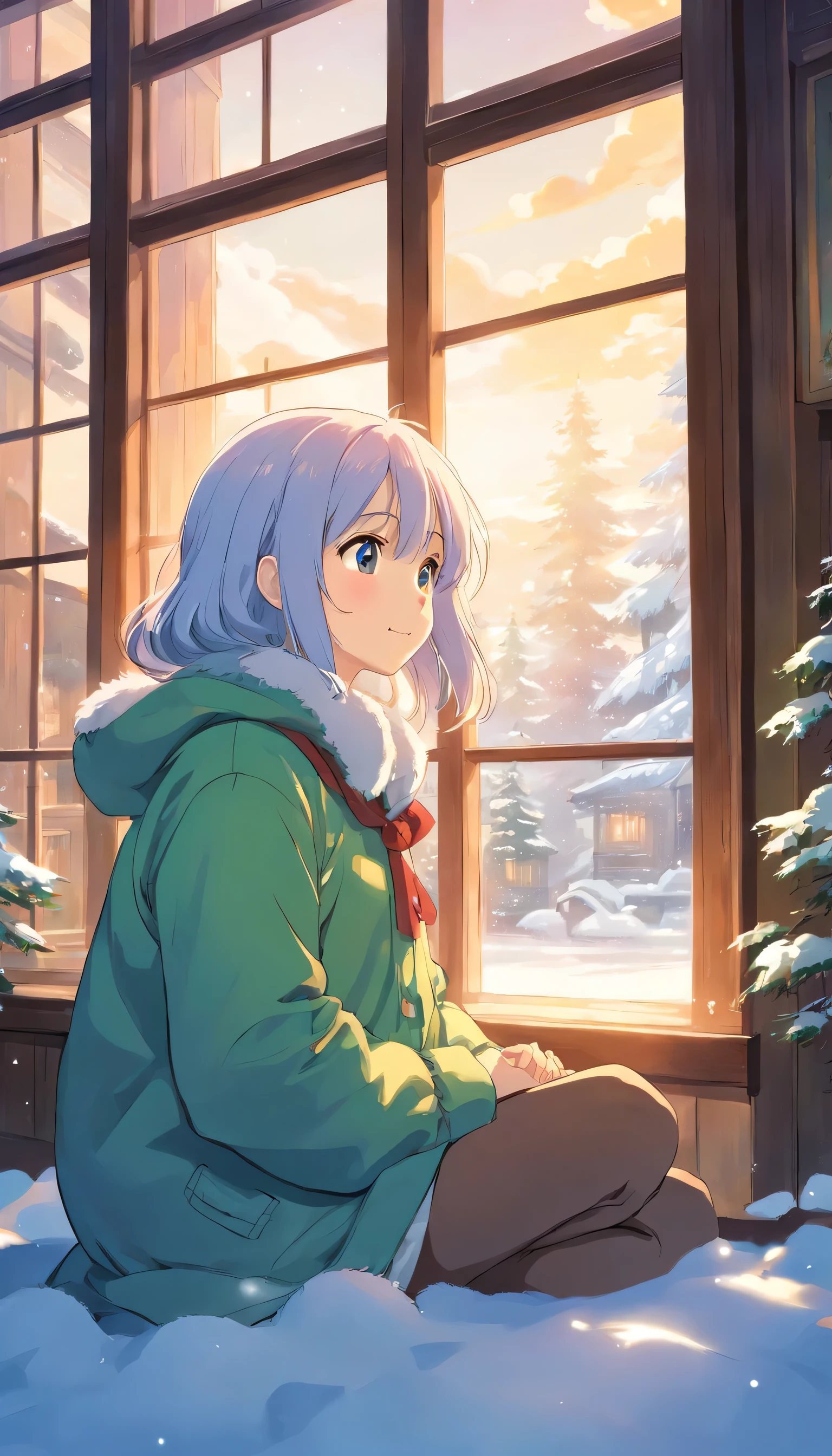 cure，Reject EMO，Very happy，Very happy，Face life with a smile，Sunlight，long hair，down jacket，Cloud commissary，Cloud pillows，It&#39;s snowing outside the window，Large floor-to-ceiling windows，snowflake，read a book