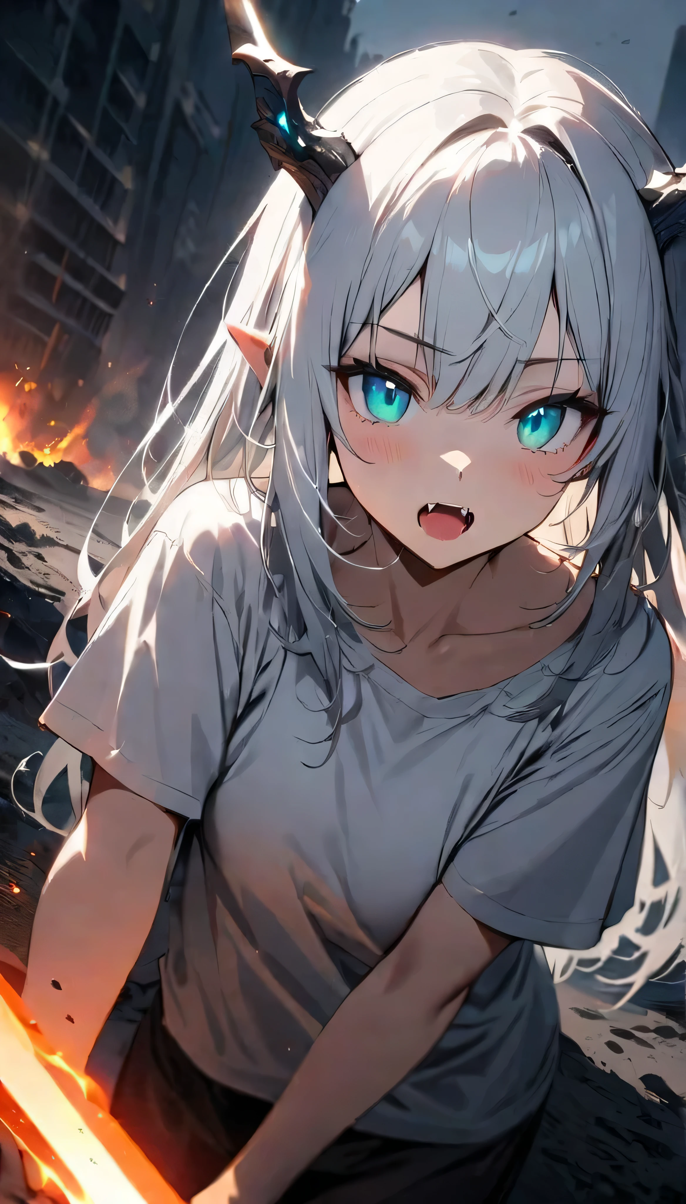Resolution full, best quality, masterpiece, full HD, foggy theme, super detailed, beautiful girl. 1girl. White hair, long hair. Bangs. detailed beautiful aqua eyes, dragon horns. White hair ornament. White T - shirt. Open mouth. fangs. in wasteland, in burning city, holding glowing sword, shadows surroundings girl, has a lighting power