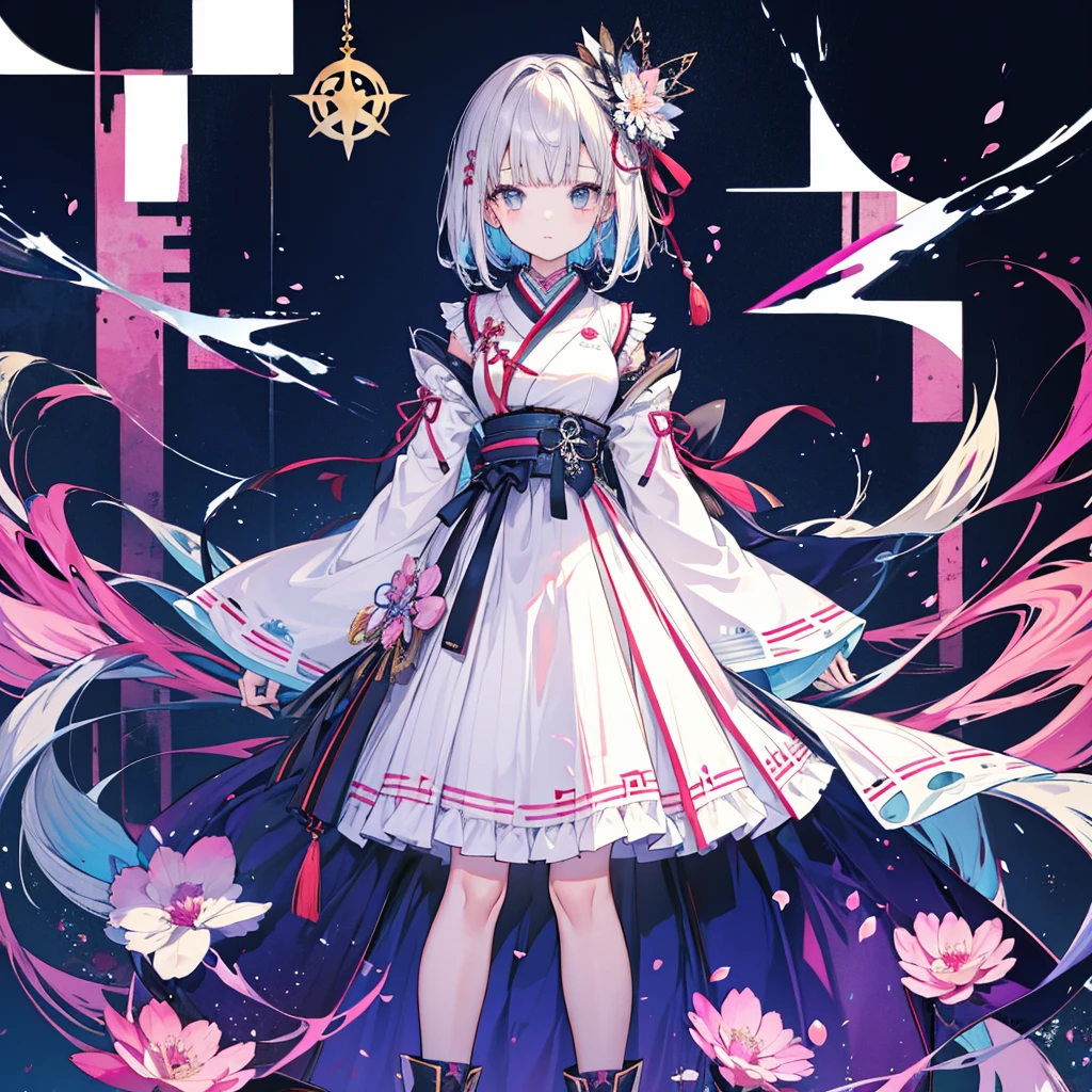 highest quality、8K,handsome face、vtuber-halfbody、A picture of the front straight towards the viewer、Star Fairy、Full body front portrait、front、1girl,highest quality、masterpiece、official art、Super detailed、super beautiful、Cute Star Fairy、gray short hair、Milky Way、universe、star charm、star、、Knee-high boots、Japanese pattern dress、A beautiful girl wearing black and white clothes that are a remake of a yukata.、Oiran frill dress reminiscent of universe、belly button、pleated mini skirt、