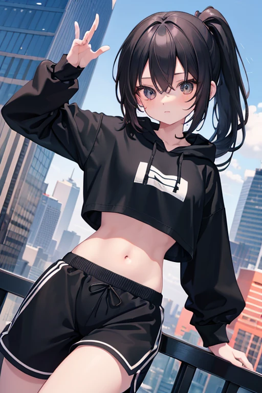 very good image, a cute beautiful anime tomboy girl, long black hair, ponytail, black crop top hoodie, black training pants, city(hd view), high quality, high details, 8k, high res