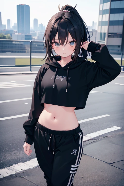 very good image, a cute beautiful anime tomboy girl, long black hair, ponytail, black crop top hoodie, black training pants, city(hd view), high quality, high details, 8k, high res