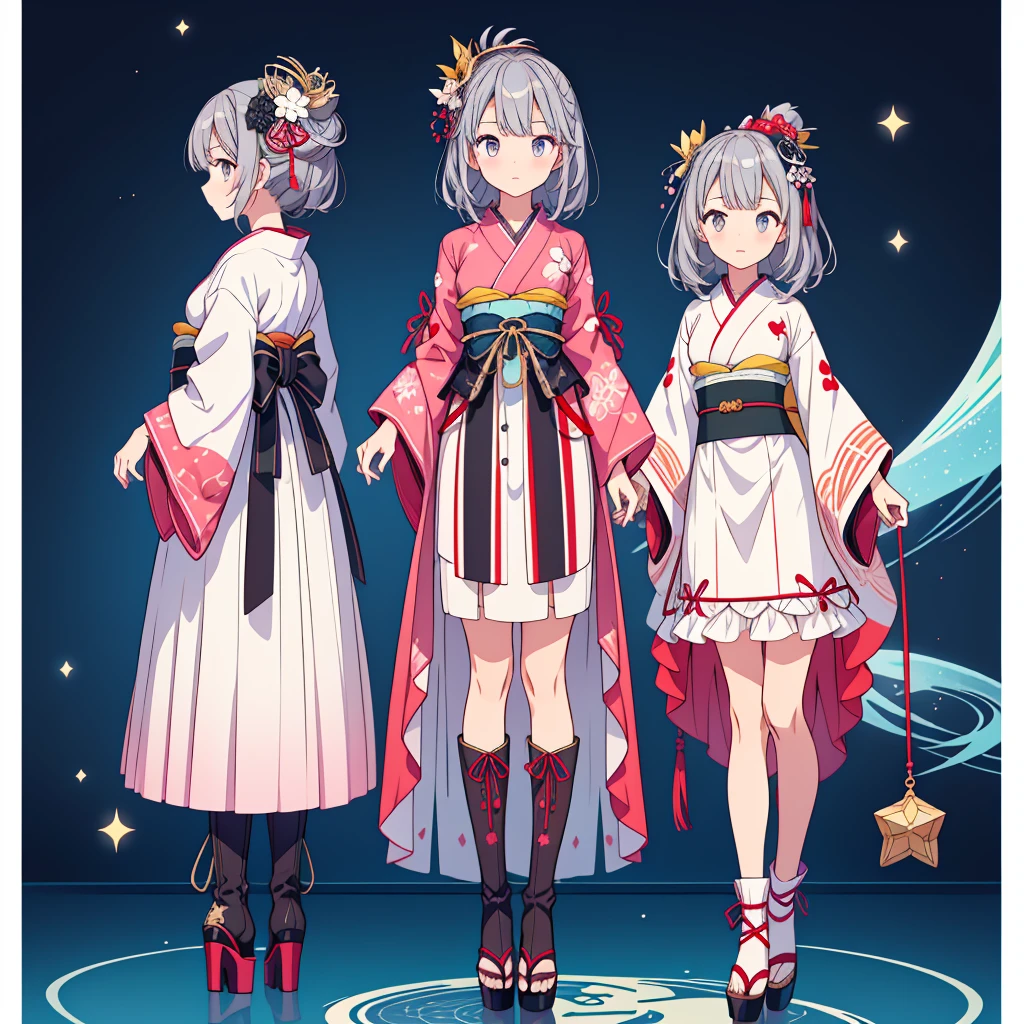 highest quality、8K,handsome face、vtuber-halfbody、A picture of the front straight towards the viewer、Star Fairy、Full body front portrait、front、1girl,highest quality、masterpiece、official art、Super detailed、super beautiful、Cute Star Fairy、Gray hair straight long、Milky Way、universe、star charm、star、baby face、Knee-high boots、Japanese pattern dress、A beautiful girl wearing black and white clothes that are a remake of a yukata.、Oiran frill dress reminiscent of universe、