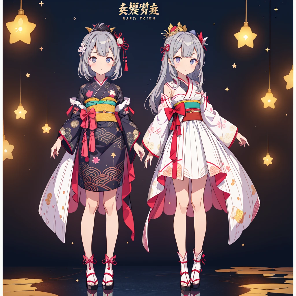 highest quality、8K,handsome face、vtuber-halfbody、A picture of the front straight towards the viewer、Star Fairy、Full body front portrait、front、1girl,highest quality、masterpiece、official art、Super detailed、super beautiful、Cute Star Fairy、Gray hair straight long、Milky Way、universe、star charm、star、baby face、Knee-high boots、Japanese pattern dress、A beautiful girl wearing black and white clothes that are a remake of a yukata.、Oiran frill dress reminiscent of universe、
