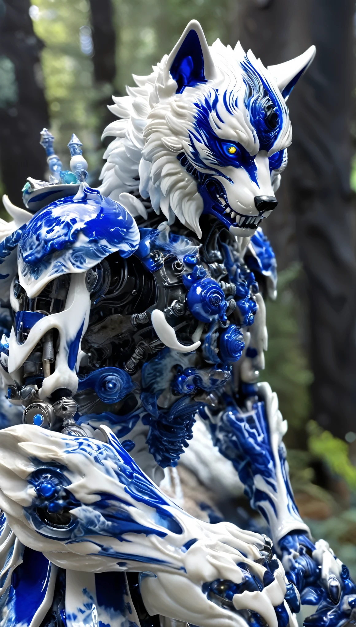 forest、Black smoke is rising、A cyborg samurai-like creature with the head of a wolf、eyes are shining、 On one knee、(blue and white)、FW Murano style, vibrant color blast, incredibly detailed, dark, Key Visual, in the atmosphere, very realistic, high detail texture, ray tracing、lose luster、matte taste
