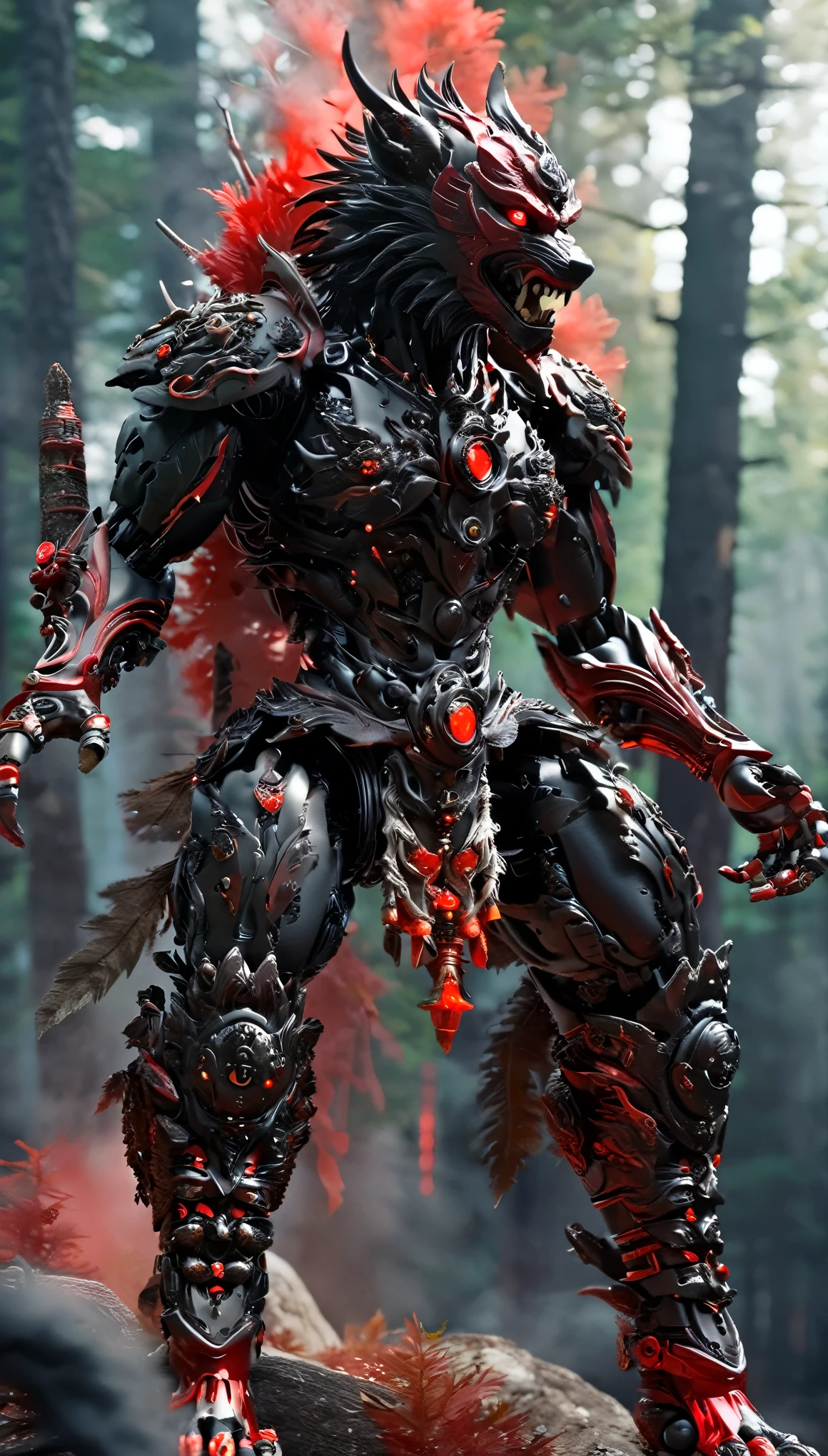 forest、Black smoke is rising、A cyborg samurai-like creature with the head of a wolf、eyes are shining、 whole body、(Red and Black)、FW Murano style, vibrant color blast, incredibly detailed, dark, Key Visual, in the atmosphere, very realistic, high detail texture, ray tracing、lose luster、matte taste