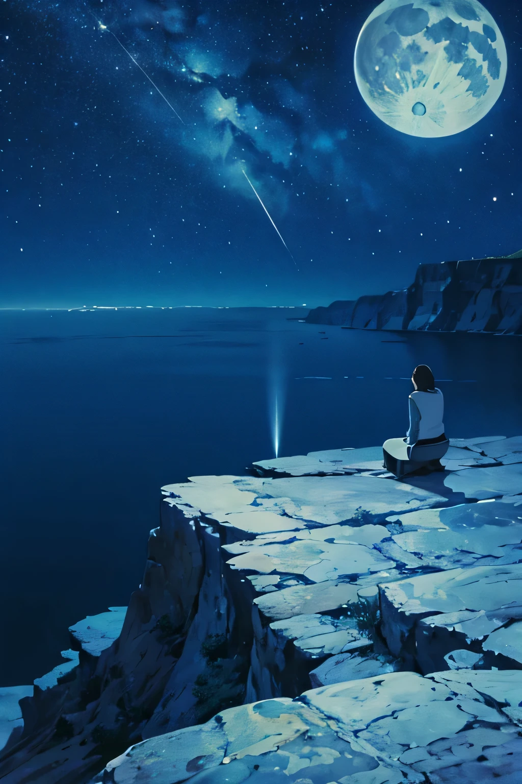 a cliff,dark night,starry sky,There is a full moon in the upper right corner,Not a single person