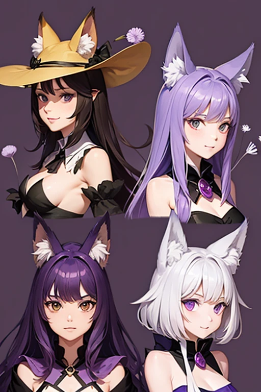 character design sheet,hairy, Purple, people, fox ears,witch,dandelion,fine