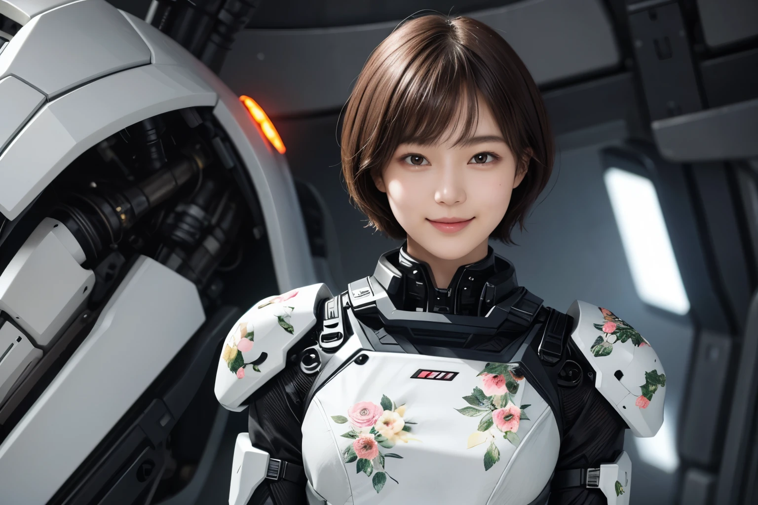 207 Short Hair, 20 year old female, Floral, gentle smile, futuristic clothes, mechanical suit