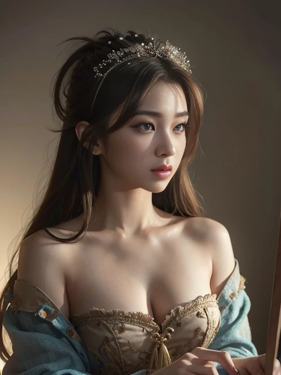 High quality, Masterpiece, Masterpiece, Exquisite facial features, Exquisite Hair, Elaborate Eyes, Off-bshoulders，Delicate colored hair, 4K quality, Gorgeous light and shadow, Tyndall effect, Halo, Messy hair, Young state, Gorgeous scenes, Beautifully dressed, feater,Ancient Chinese beauty with big eyes，detail-rich, Digital painting, art stations, concept-art, Sharp focus, illustration, Small breasts