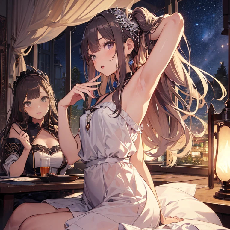 (masterpiece, best quality), best resolution, (2heads:1.5), 1girl, sitting in meditation, lotus position, brown monk robe, closed eyes, short red hair, stars in night sky