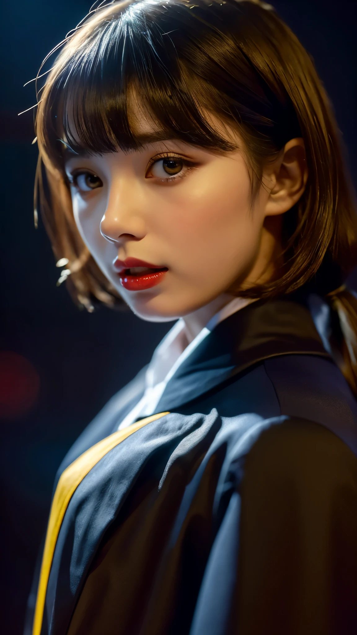8K, highest quality, 1 girl, (skin dents), night, (dark), clear indoor background, (people々), beautiful bangs, nice,, (clothing and uniforms:1.3),soft lighting, Charm, dark Room, (closed your mouth:1.2, beautiful eyes, fine eyes, detailed iris, beautiful lips, beautiful nose, beautiful face),(primary color:1.5)