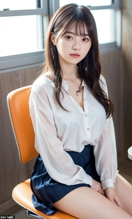 masterpiece、highest quality、16K、High resolution、UHD,Depth of the bounds written、very detailed、soft light、professional lighting、Pale shading、Weak contrast、Japanese、beautiful girl、Glamorous woman、daytime office、Window seat、sitting in front of the computer、A loose-fitting tunic in pastel colors、navy pleated skirt、micro mooth and beautiful thighs:1.6)、(big breasts:1.3)、deep cleavage、fine and beautiful eyes、(hanging eyes)、(thin eyebrows)、(thin lips)、gentle smile、(long wavy hair、high ponytail),(The bangs are see-through bangs)、