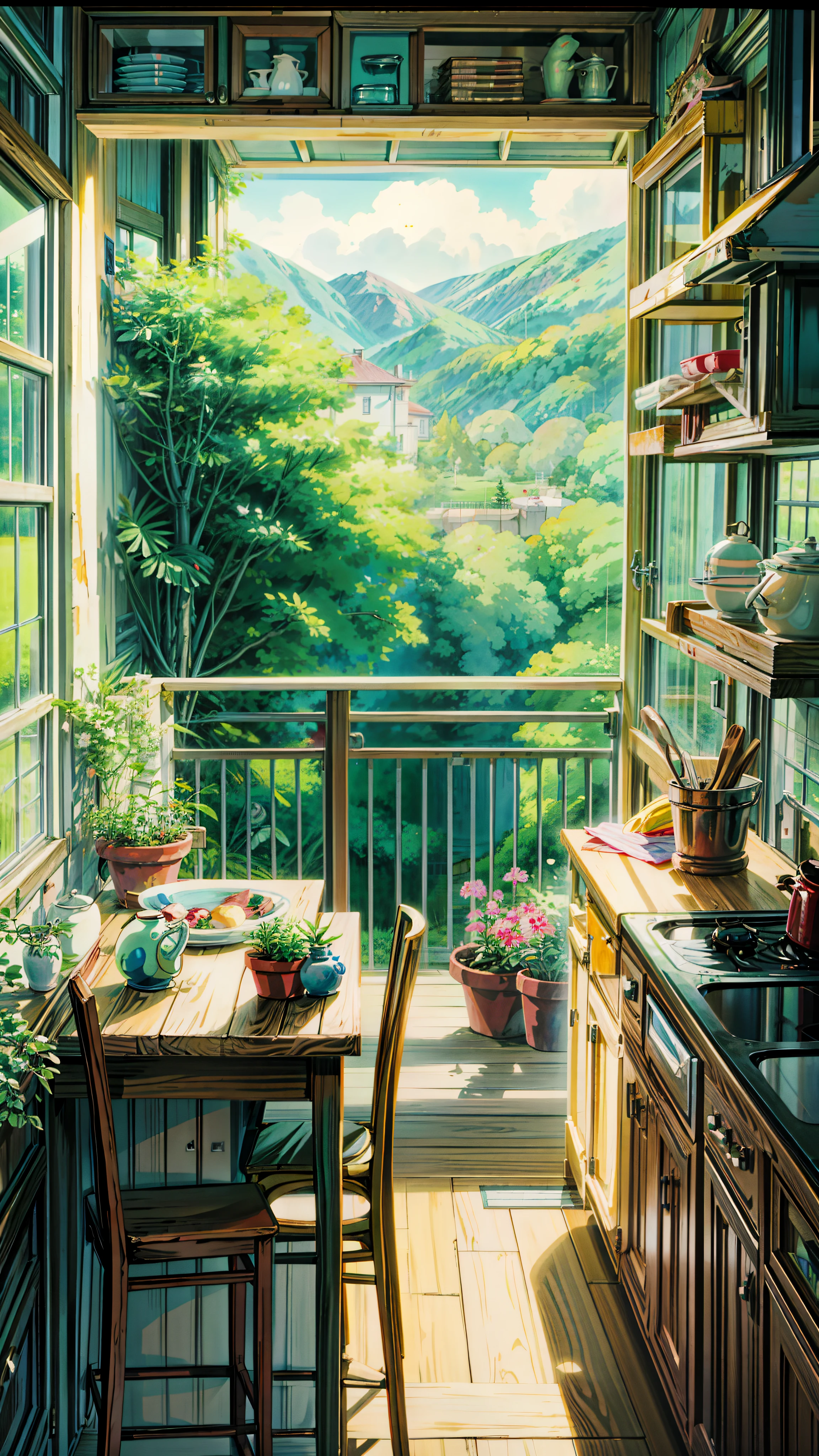 a painting of a kitchen with a table and chairs, window with a view, greenery, potted plants, house kitchen on a sunny day, kitchen background, cute kitchen, anime beautiful peace scene, clean detailed anime art, anime scenery, clean anime art, cozy home background, anime countryside landscape, beautiful detailed scene, anime. by makoto shinkai, makoto shinkai. high detail, sunny day background, 4k hd,, beautiful art uhd 4 k, a beautiful artwork illustration, beautiful digital painting, highly detailed digital painting, beautiful digital artwork, detailed painting 4 k, very detailed digital painting, rich picturesque colors, gorgeous digital painting
