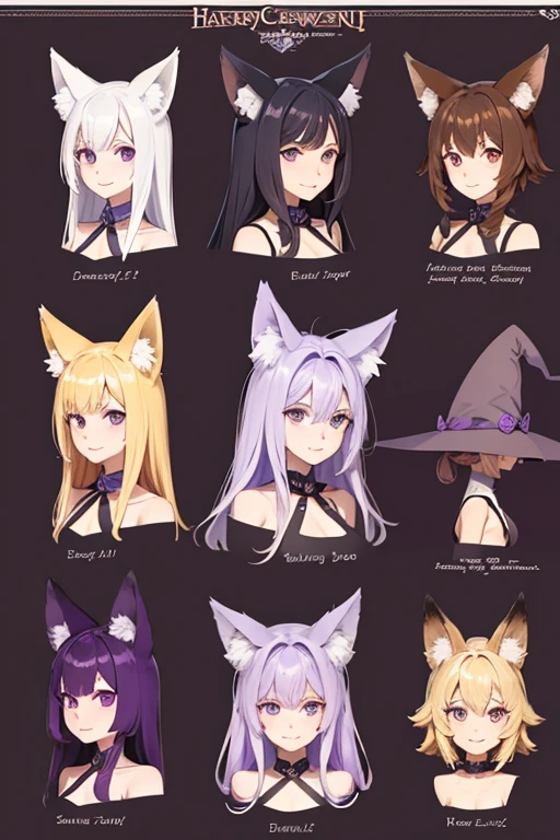 character design sheet，hairy, Purple, people， fox ears，witch，dandelion，fine
