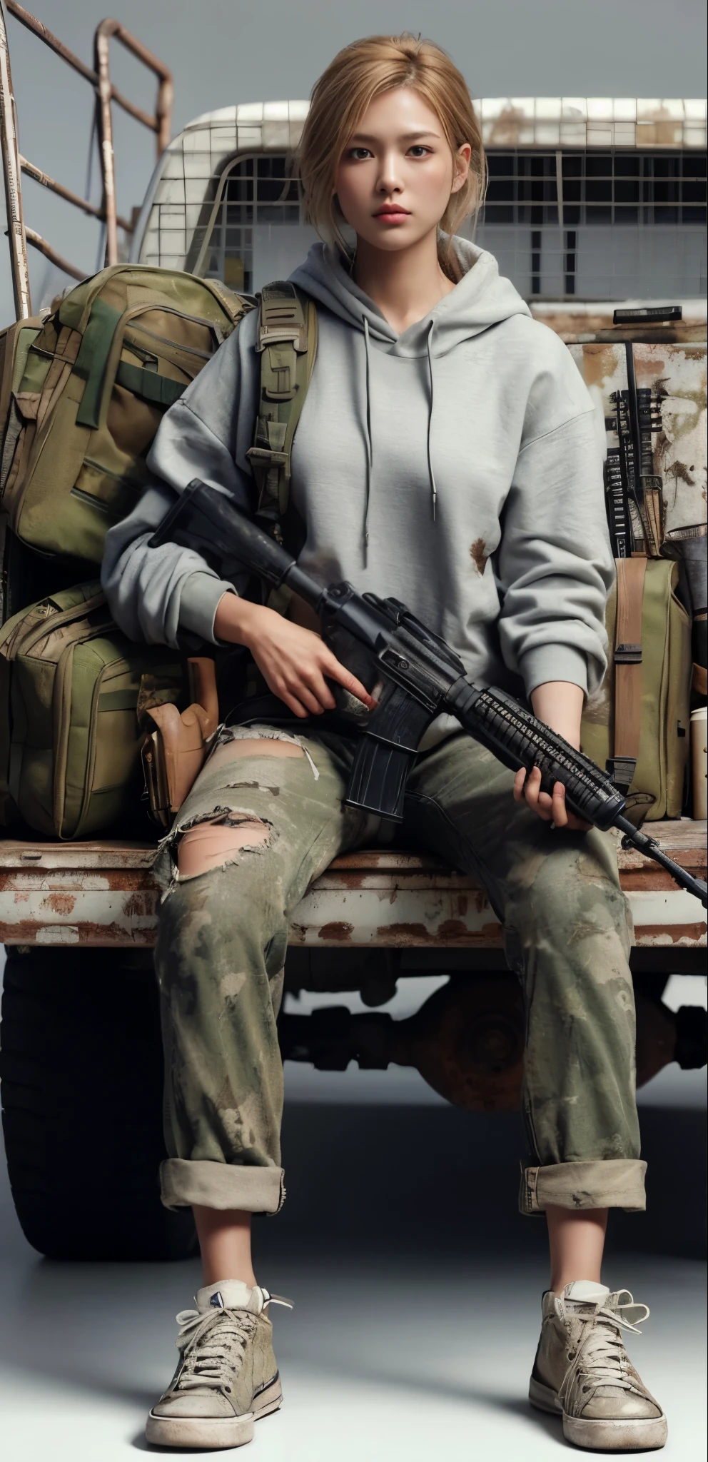 ８K,realistic photo、realistic skin texture、A beautiful Japanese woman carrying a lot of luggage　I&#39;m in front of a really small old station wagon.、The wagon has signs of repair.、Dirty and tornＴshirt、 hoodie、Afghan Stole、camouflage pants、Dirty Converse sneakers、In his hand he holds a large anti-vehicle rifle、Dynamic action pose、dramatic composition、tattoo、one person、run away、Wilderness Road、sunny