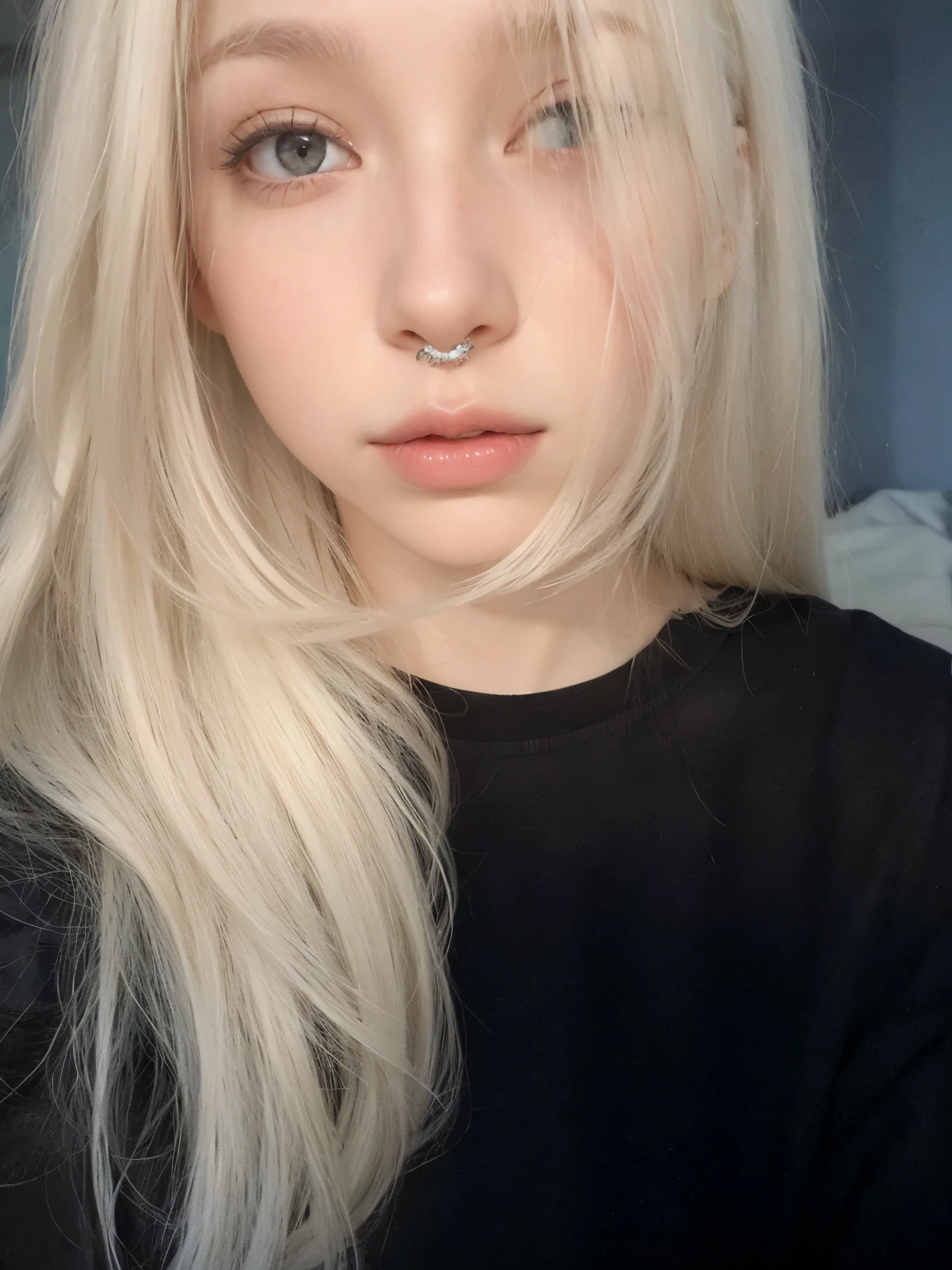 loira com piercings e piercings no nariz, cabelo loiro extremamente claro, cabelo loiro muito claro, cabelo claro, pale white face, her hair is white, extremely pale white skin, very very pale white skin, very pale white skin, pale white skin, garota de cabelos brancos perfeita, very very very pale white skin, com cabelos longos brancos