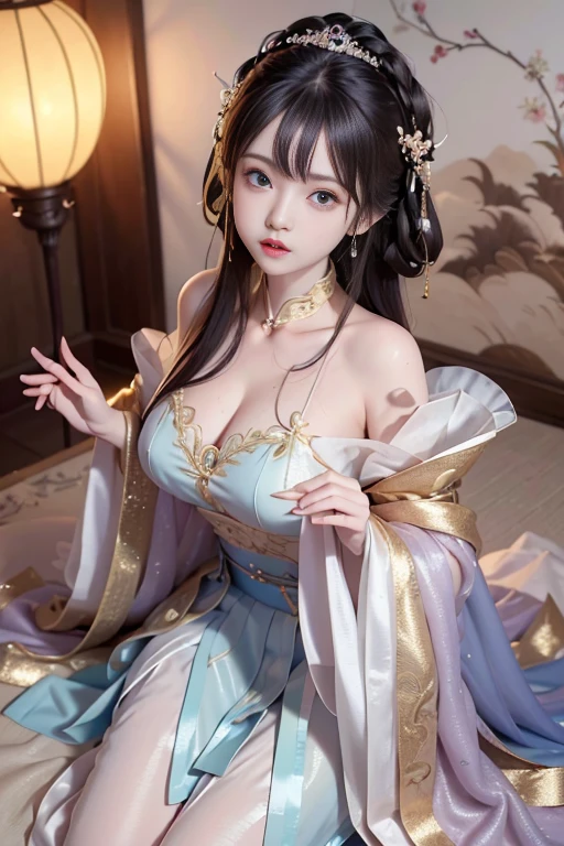 Wet chest Hanfu Dynasty open chest V-neck clothes Royal wet body thin silk fabric, Thin silk lace petticoat,The princess is 8  and cute, (huge ，split),petticoat, White pink, blue ，best quality，masterpiece，ultra high resolution，（Realism：1.4），RAW photos，（Realistic skin texture：1.3），（film grain：1.3），（Selfie angle），1个Giant Breast Girl，Beautiful eyes and facial details，masterpiece，best quality，Showing thighs，Big breasts， [[[特写cleavage]]]]huge长下垂的乳房, looking at the audience，cleavage, The chest is more exposed， Detailed hair，Looking down，face camera,Short skirt princess eyes,Super big eyes,Detailed face,shining pupils,