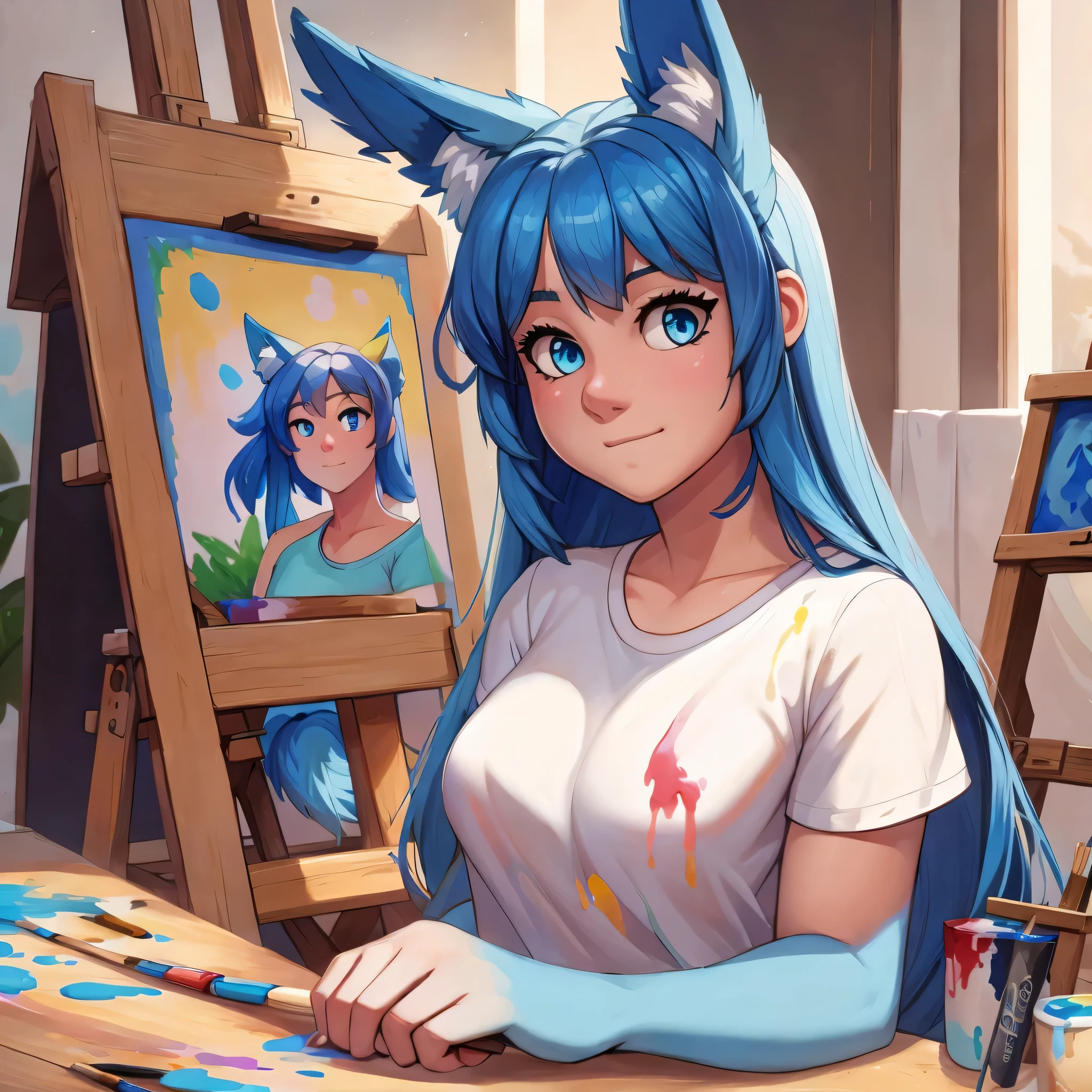 (Masterpiece) (High Detail) (High Res) Close up of A Short Humanoid Girl with pale human skin and blue eyes and long blue straight hair and blue dog ears and a fluffy blue dog tail and average breasts. She is wearing an oversized baggy white t-shirt which is splattered with colourful paint splodges and is sat behind an easel holding a paintbrush. She is painting. 