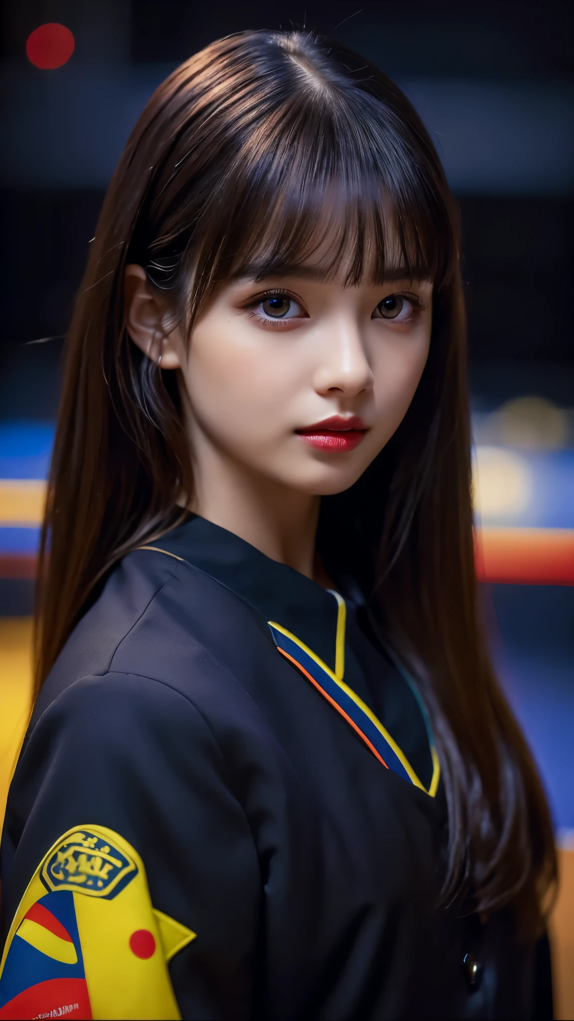 8K, highest quality, 1 girl, (skin dents), night, (dark), clear indoor background, (people々), beautiful bangs, nice,, (clothing and uniforms:1.3),soft lighting, Charm, dark Room, (closed your mouth:1.2, beautiful eyes, fine eyes, detailed iris, beautiful lips, beautiful nose, beautiful face),(primary color:1.5)