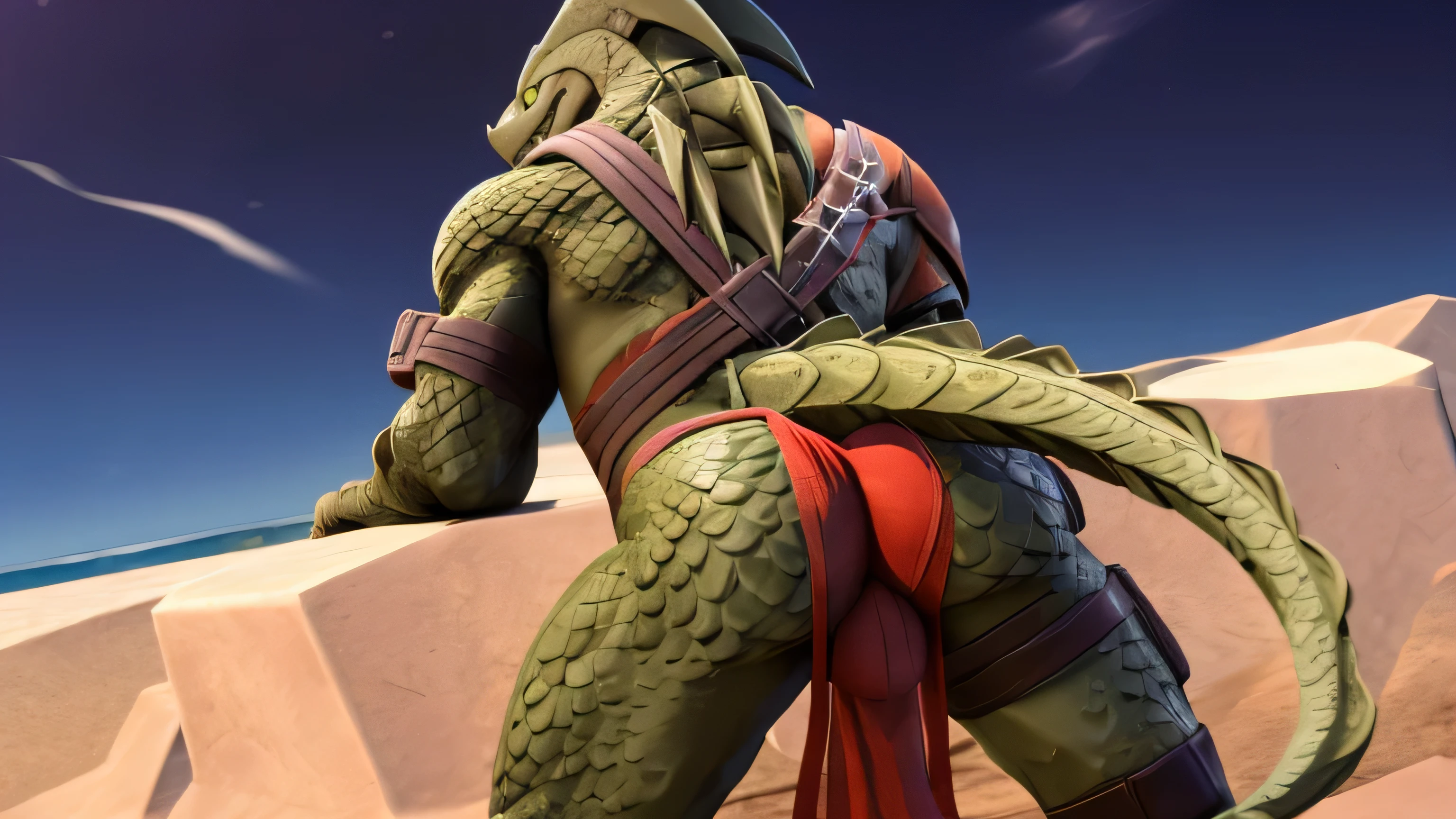 Pelvic curtain, huge ass, male, solo, from Is back, muscular, Hybrid (Fortnite) dragon, lizard