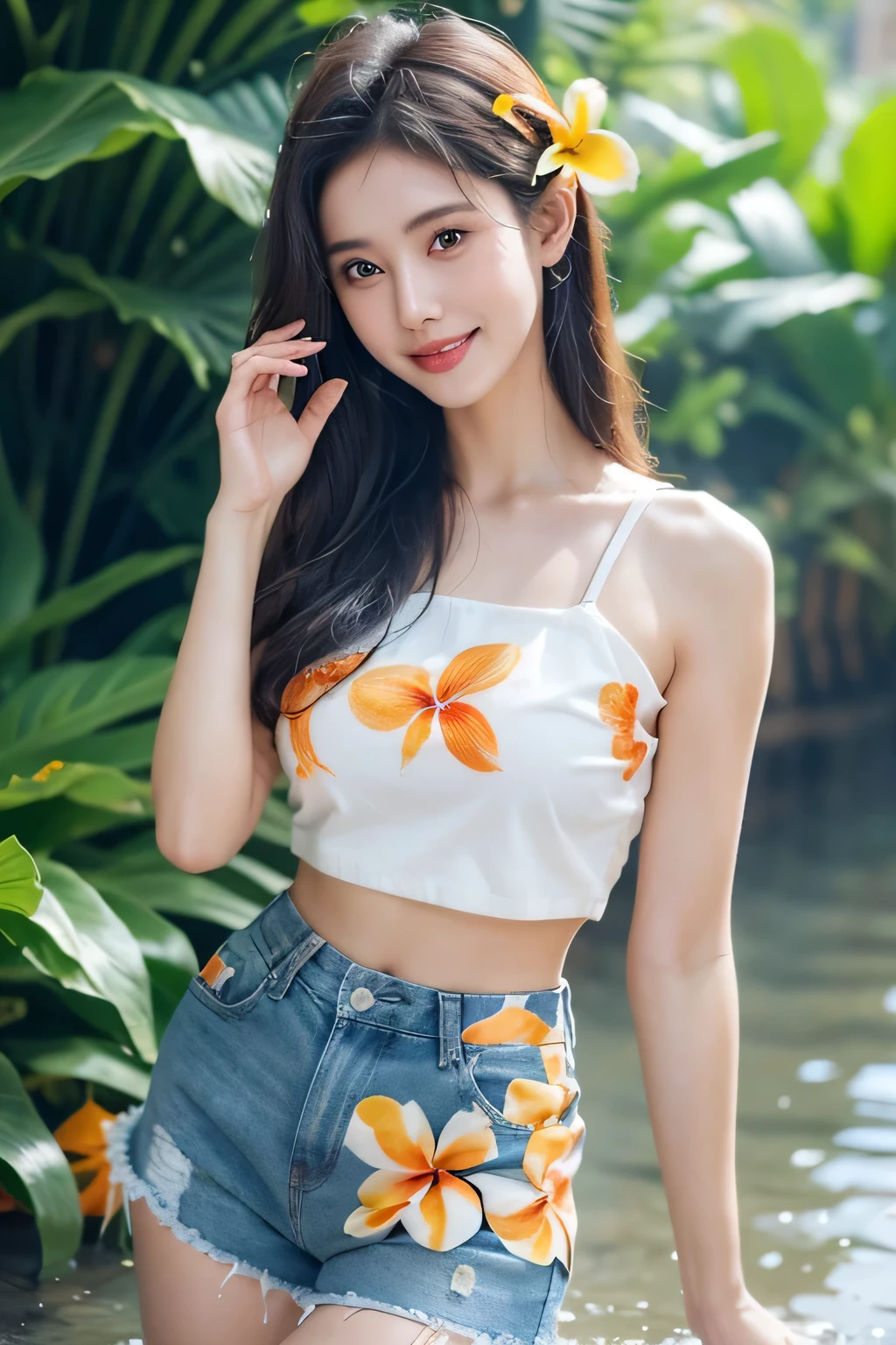 beautiful girl, Wear a short-sleeved crop top with an orange and white Hawaiian flower pattern., blue short jeans skirt, Grab your hair, There are frangipani flowers in the hair.,holding a brightly colored toy gun , splashing water, Wet clothes, smile, stand, half body, roadside