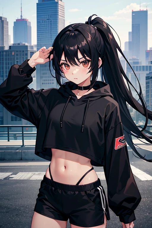 very good image, a cute beautiful anime tomboy girl, long black hair, ponytail, black crop top hoodie, black training pants, city(hd view), high quality, high details, 8k, high res