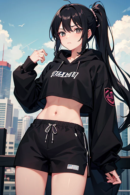 very good image, a cute beautiful anime tomboy girl, long black hair, ponytail, black crop top hoodie, black training pants, city(hd view), high quality, high details, 8k, high res