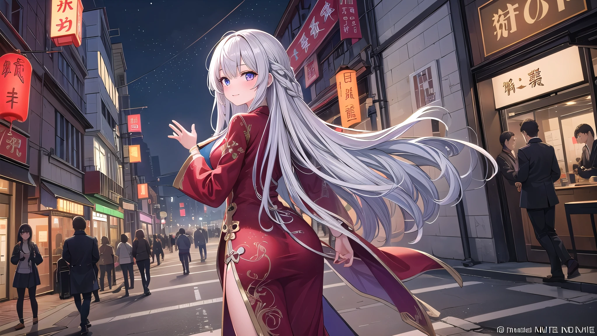 woman1limit, /(A vibrant Chinese dress with delicate embroidery/), 成熟したwoman, /(long silver hair/) bangs, gentle smile, (Masterpiece of the highest quality:1.2) Delicate illustrations super detailed, night,Angle from above,eye color/red,Chinatown,(think back) (from behind), (Explore the city),detailed background,Top Quality All Limbs
