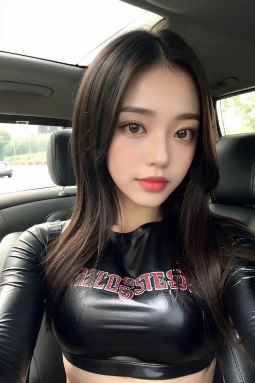 (8K), (highest quality: 1.2), (realistic), (realistic: 1.37), ultra high resolution, (1 girl, cute, smile, closed mouth, thick lips,red lip,beautiful details, beautiful nose, (straight black hair), smooth hair,giant dulcefo,,(Patent leather sports bra),(Big corporate logo),(Yoga Shorts:1),(Natural knee-high socks),At the Motor Show,(Lying on the front of the car:1.1),close up on face,(Medium Shot:1.2),