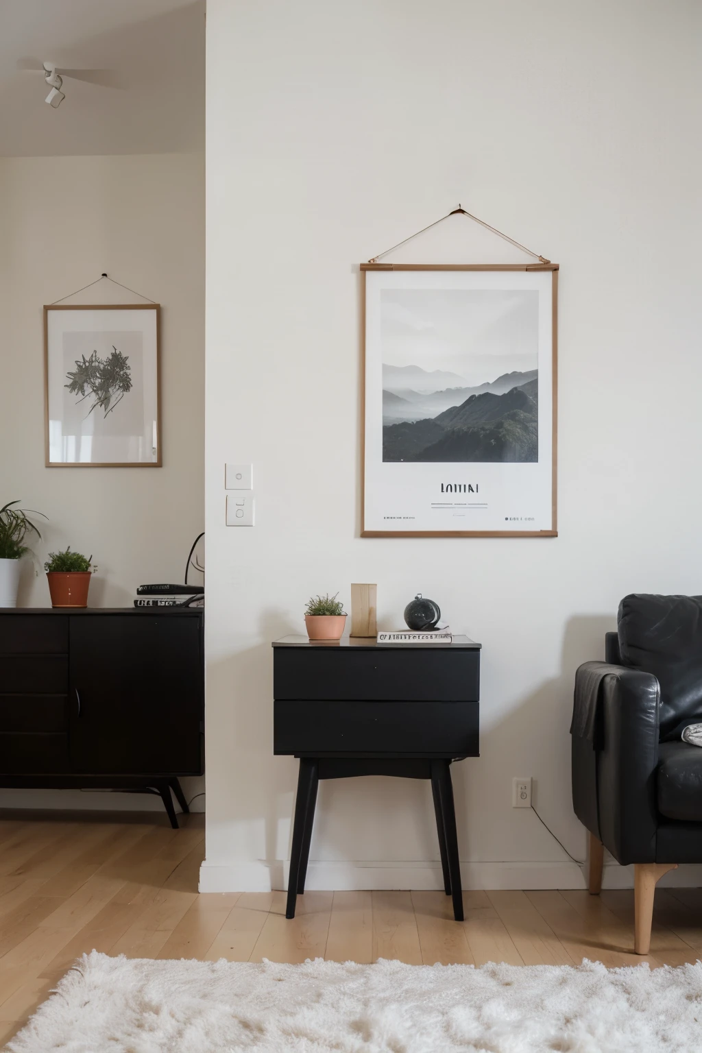 A simple mockup of a blank poster in a minimalist living room